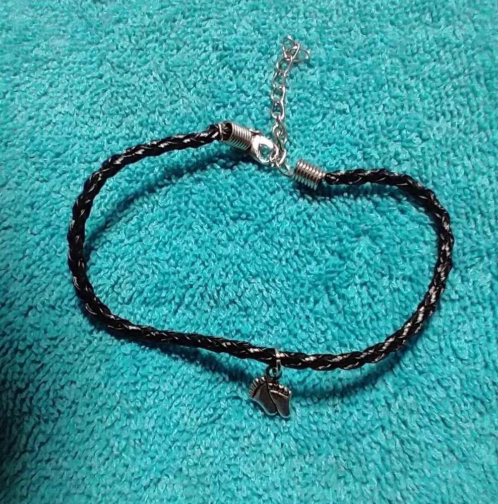 Black braided cord silvertone foot feet bracelet